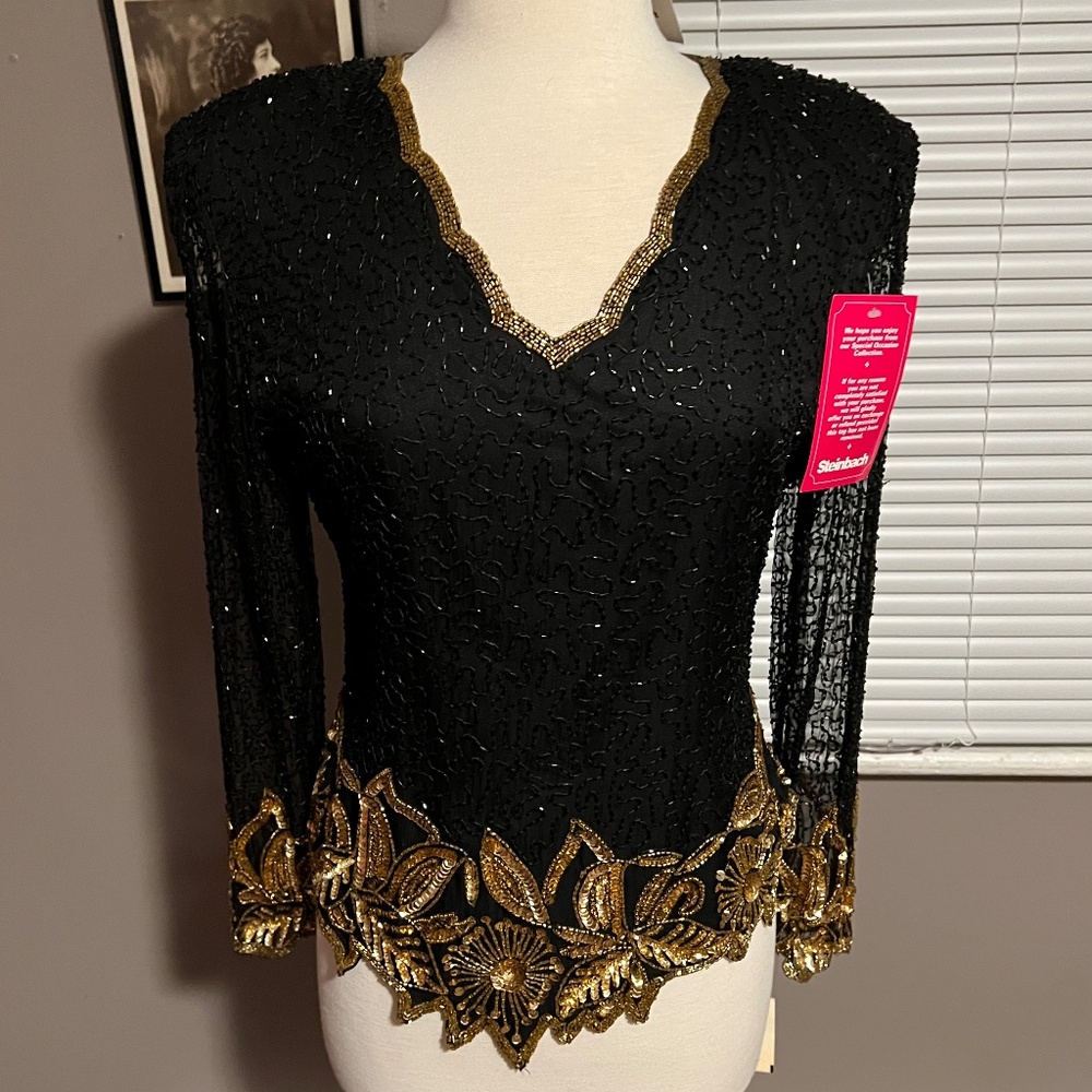 Vintage Laurence Kazar black gold sequins beaded top NWT Size large